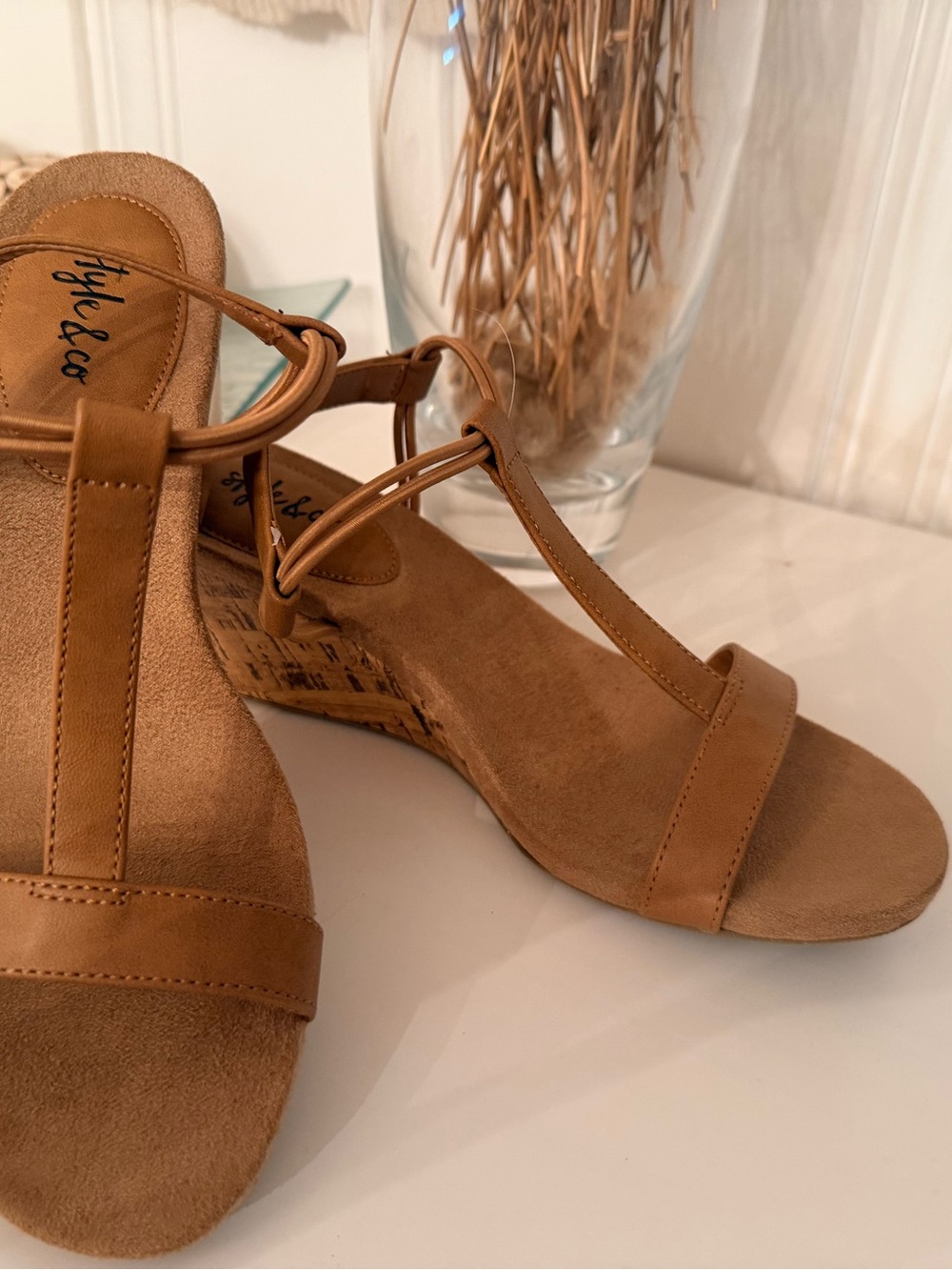 Style & Co. Tan Cork Wedge T-Strap Sandals